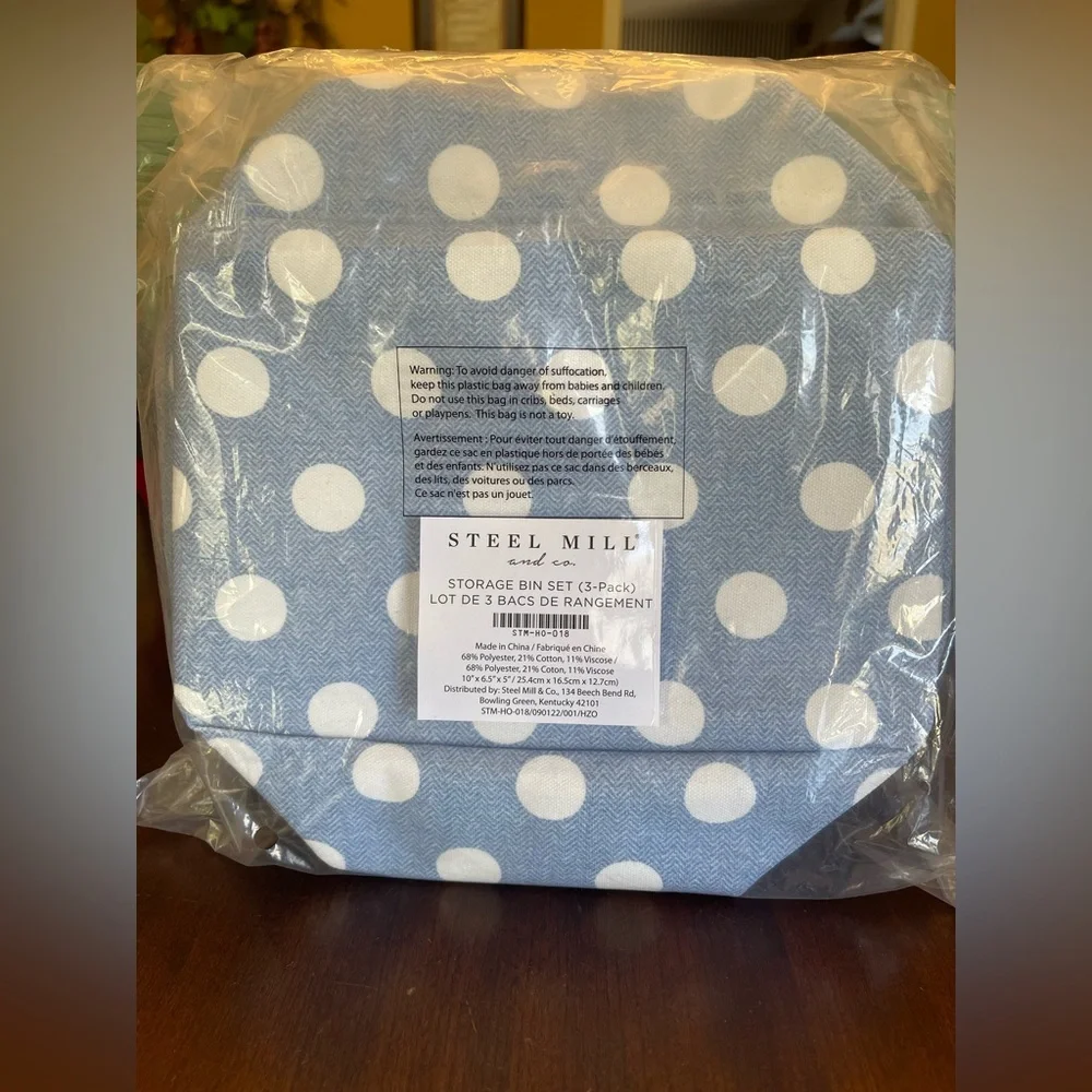 NWT STEEL MILL & CO. Storage Bin Set of 3, Blue And White Polka Dot